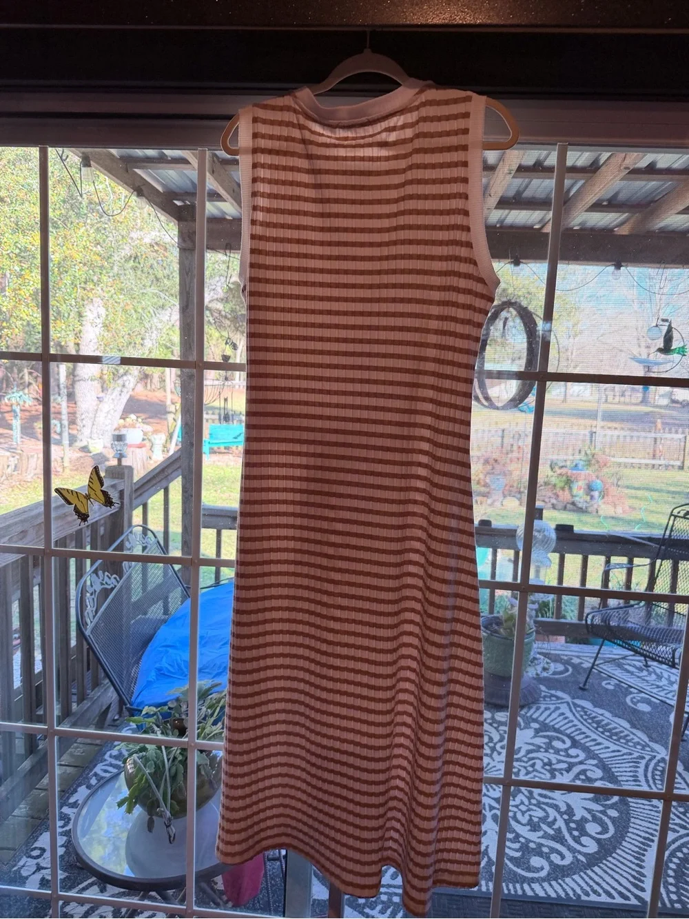 Evereve Brown and White Striped Sleeveless Midi Dress with Waist Tie - Picture 7 of 7